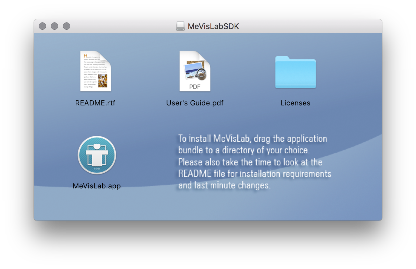 Contents of the distribution disk image displayed in Finder