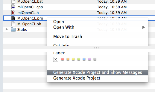 Generating the Xcode project via the contextual menu of the .pro file in Finder